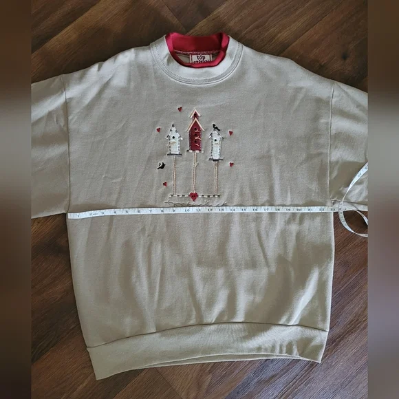 Vtg Top Stitch Embroidered Birdfeeder Pullover Sweatshirt, Women's L, Tan & Red - Picture 7 of 8
